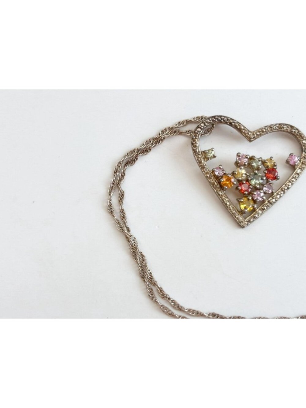 Rainbow Gemstone Heart Shaped Sterling Silver 925 Vintage Pendant Necklace - 18" - Picture 7 of 16